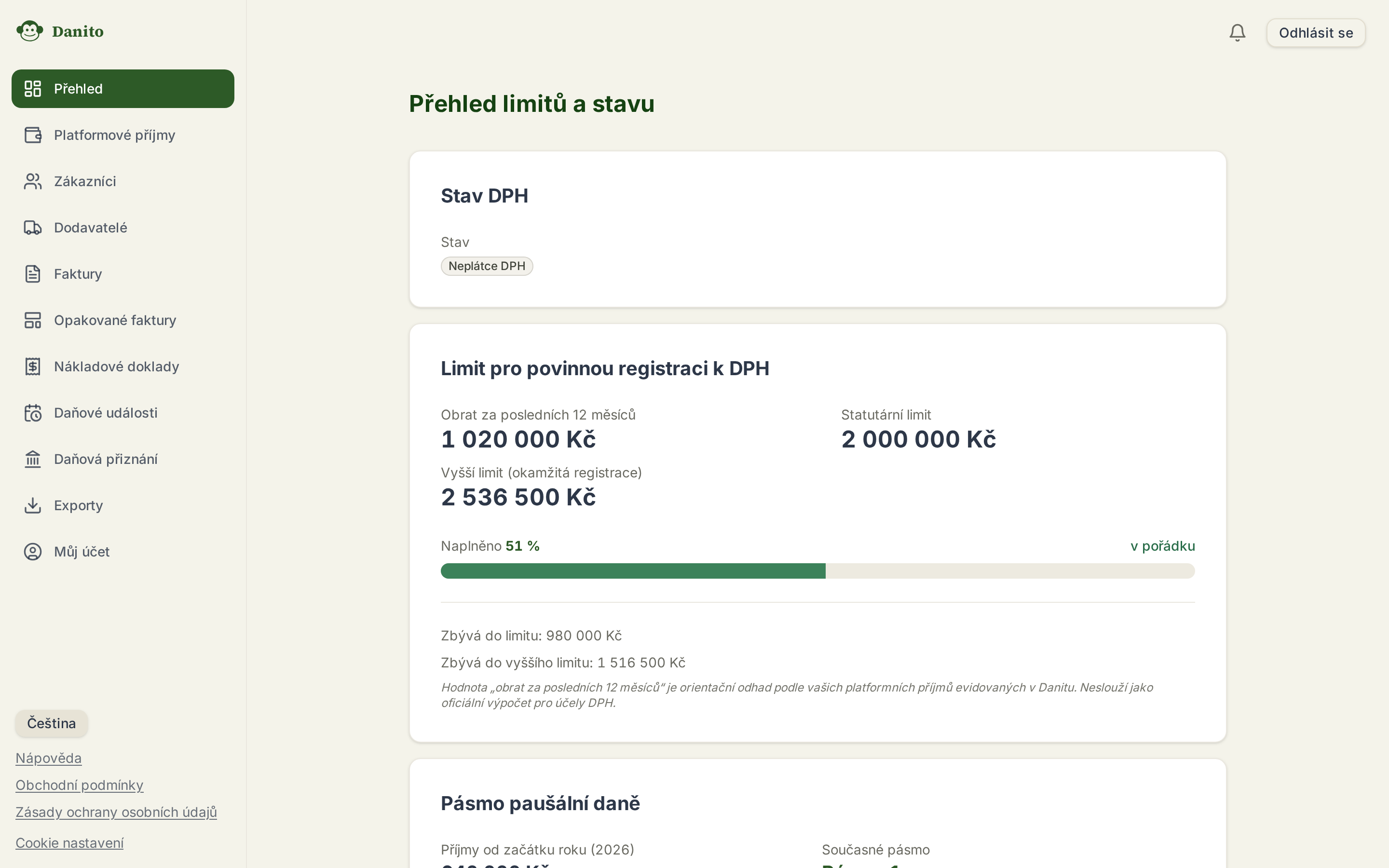 Přehledová obrazovka Danito s platformovými výplatami, fakturami a stavem DPH